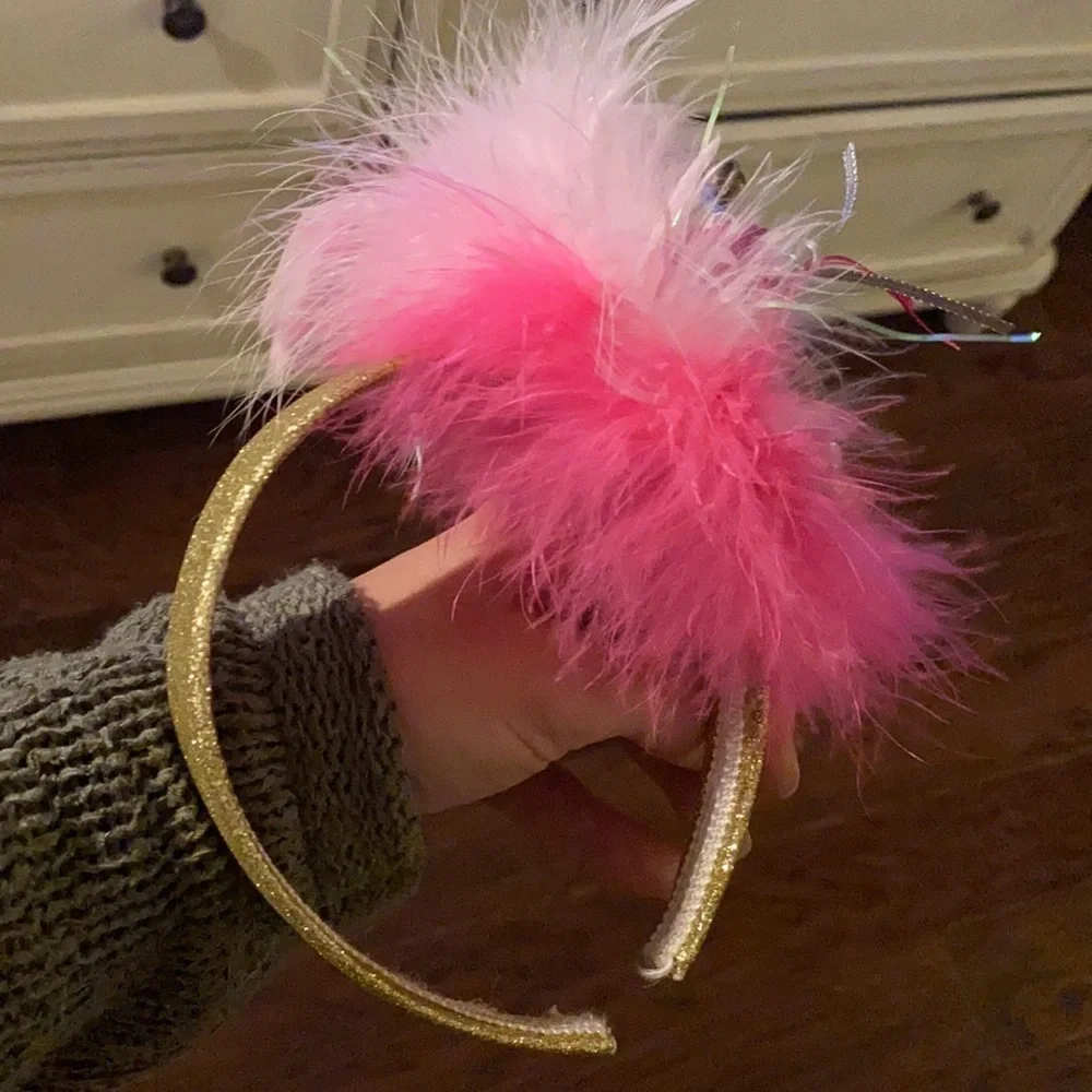 Mardi Gras mask pink feather headband with gold glitter think band headpiece​